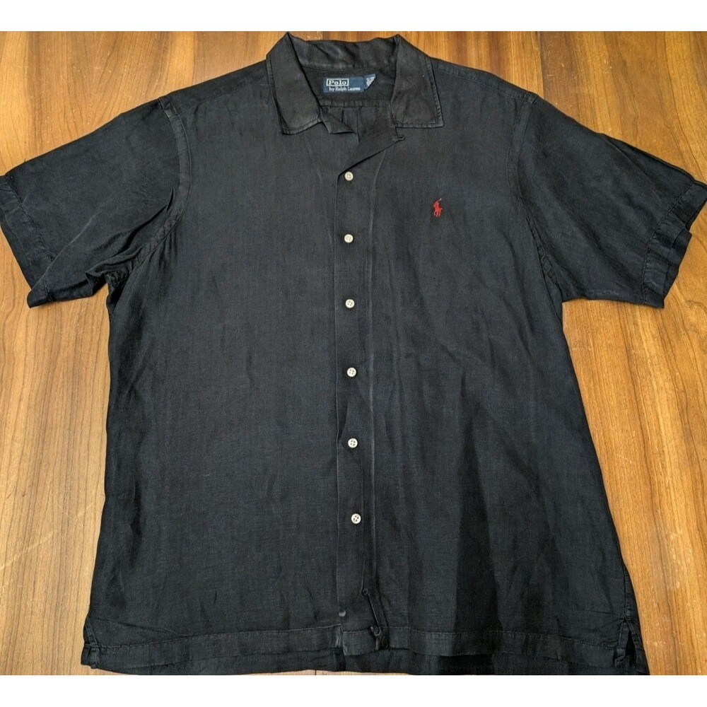 Vintage Polo Ralph Lauren Black Shirt Linen Silk Loop Collar Camp XL Red Pony
